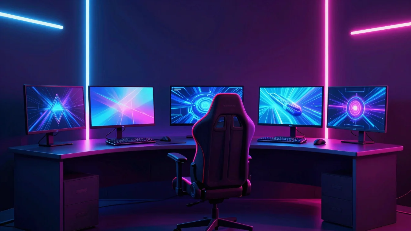 modern gamer setup, neon lighting, high contrast, crisp cinematic