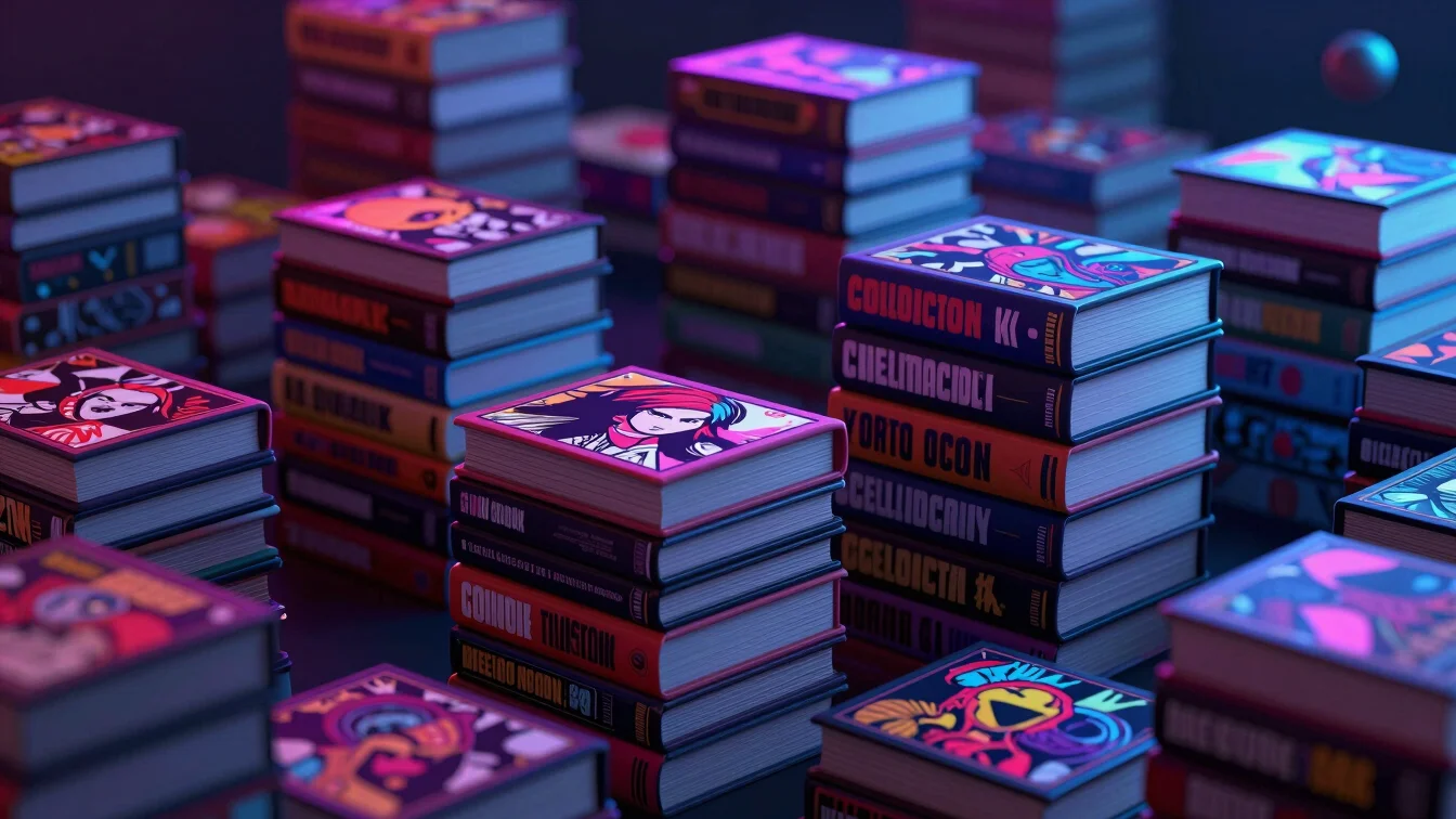 stack of collector's edition books and comics, neon highlights, d